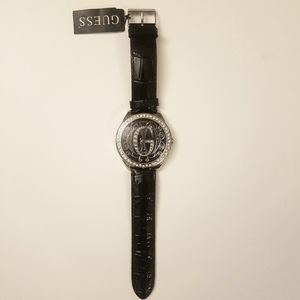 NWT GUESS Black and Silver Watch with Swarovski Crystals
